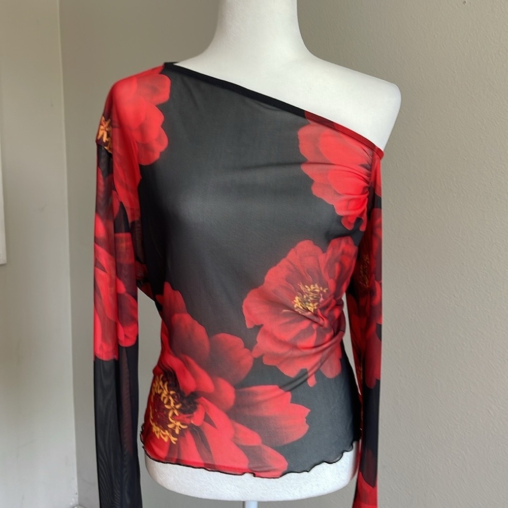 NWT Floral One-Shoulder Mesh Top - Black and Red Size 2X - Picture 2 of 7